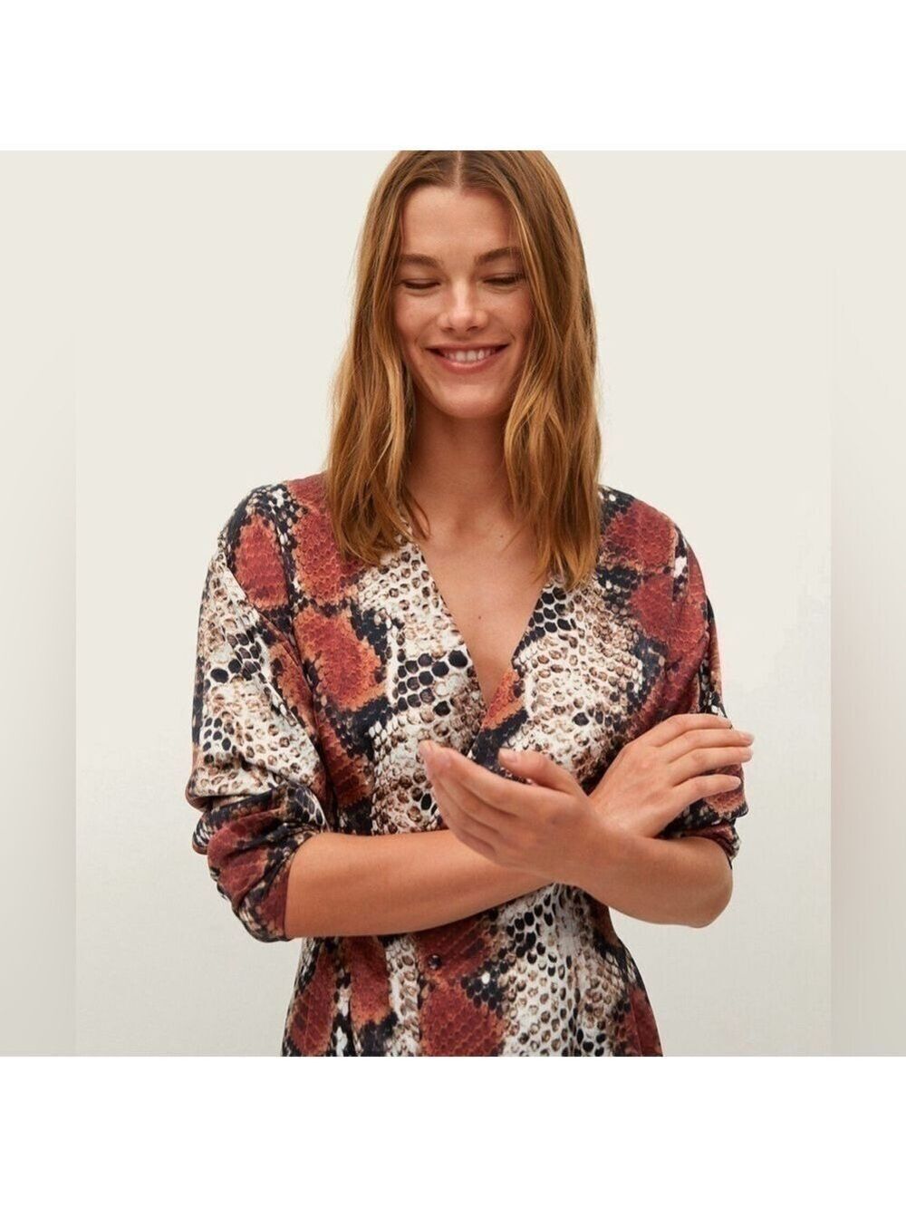 Womens Mango Snake Print Long Sleeve Asymmetrical V-neck Dress. Size 2 - Picture 2 of 8
